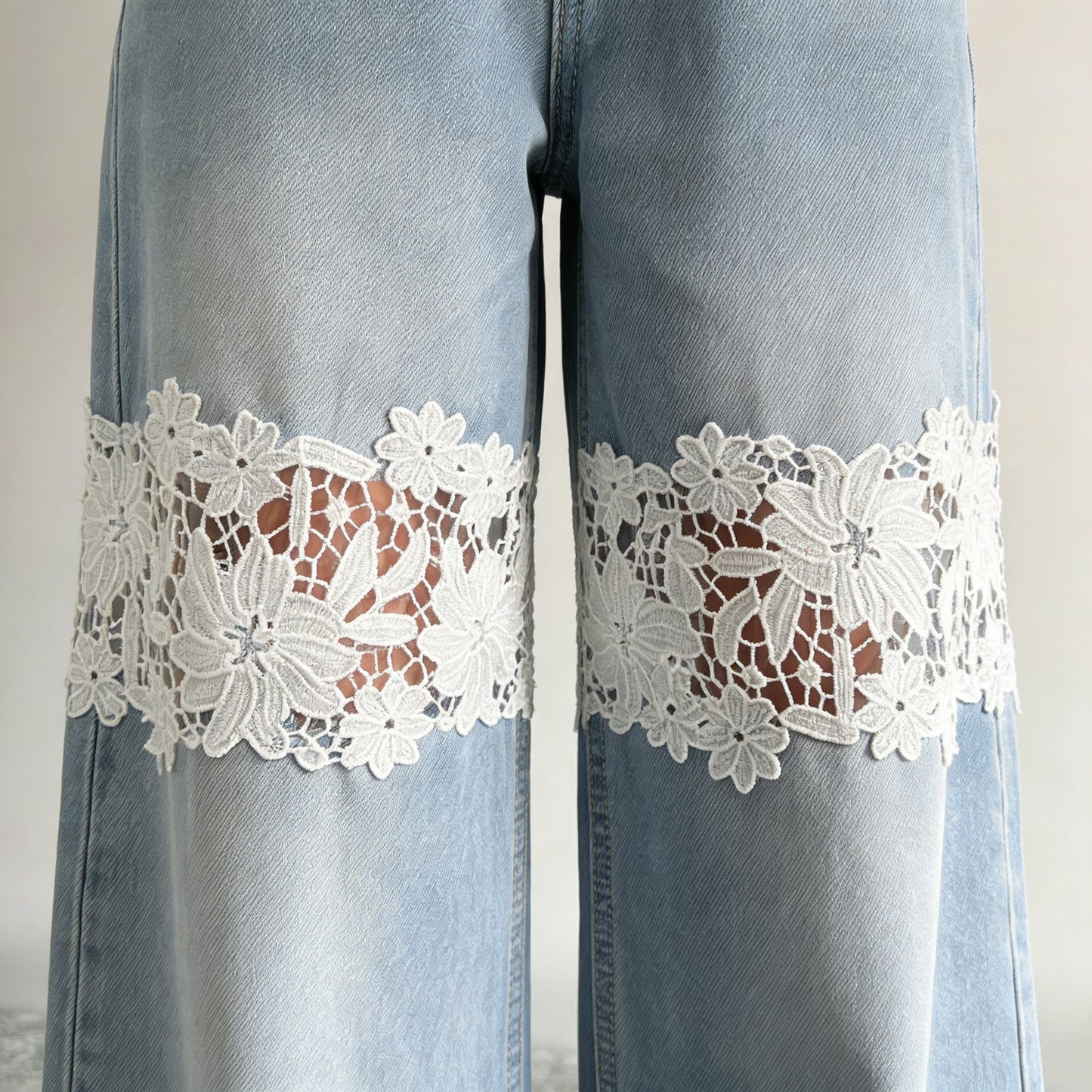Women’s Wide Leg Lace Patch Denim Jeans for Casual Streetwear