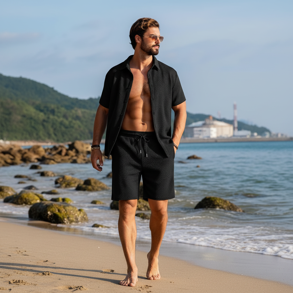Men's Summer Two Piece Set with Textured Short Sleeve Shirt