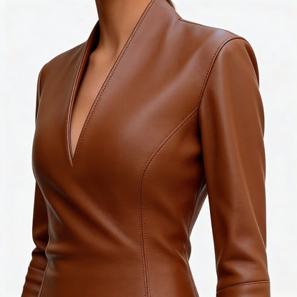 Women’s Faux Leather Bodycon Midi Dress with Long Sleeves