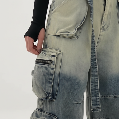 Women’s Oversized Cargo Denim Jeans with Multi Pocket Wide Leg Design