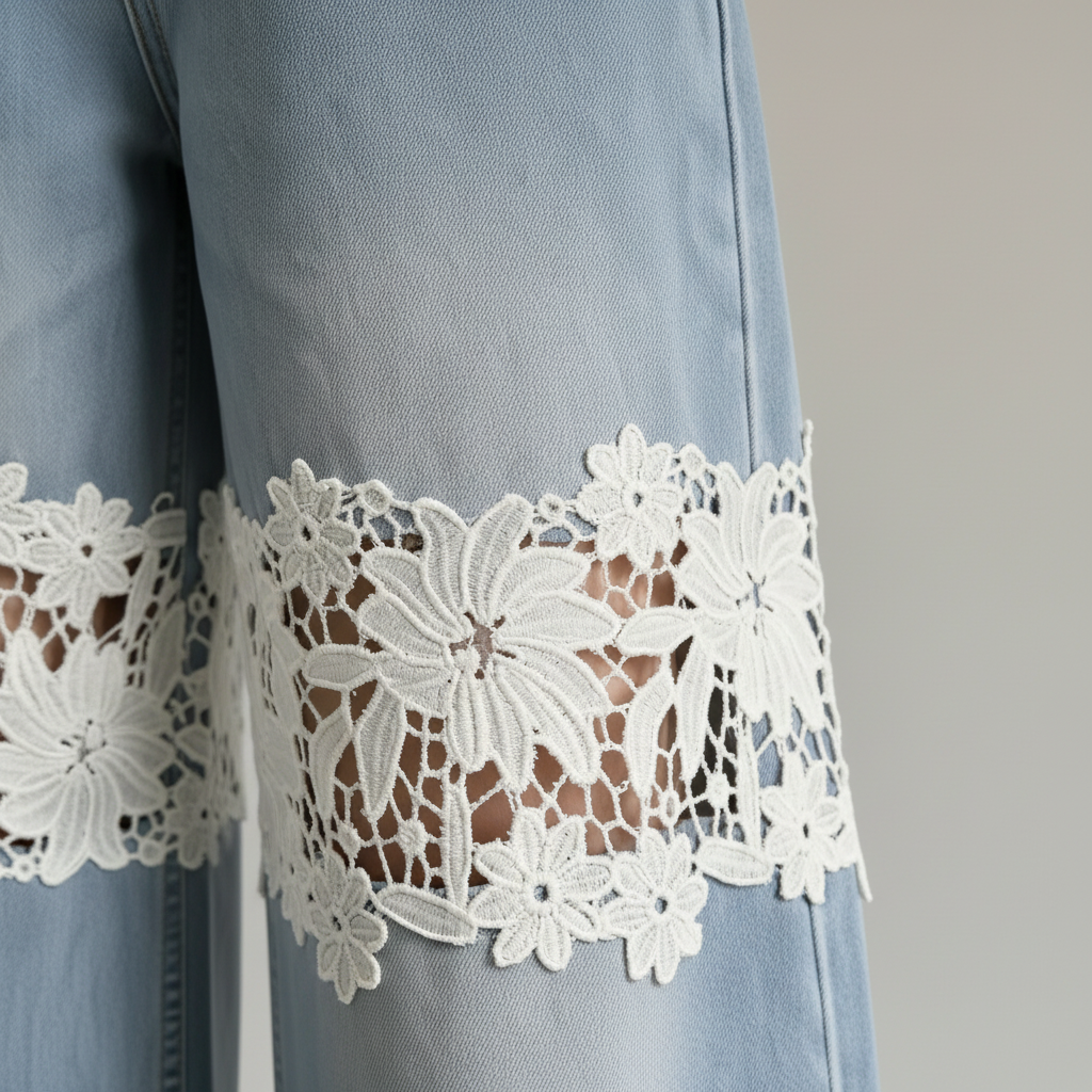 Women’s Wide Leg Lace Patch Denim Jeans for Casual Streetwear