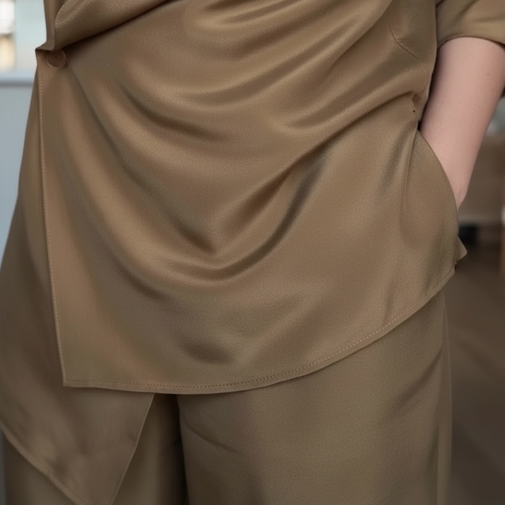 Women’s Draped Blouse and Wide Leg Pants Set for Elegant Office