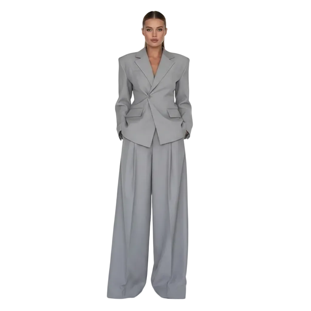 Women’s Tailored Blazer and Wide Leg Trouser Suit Set for Office Wear