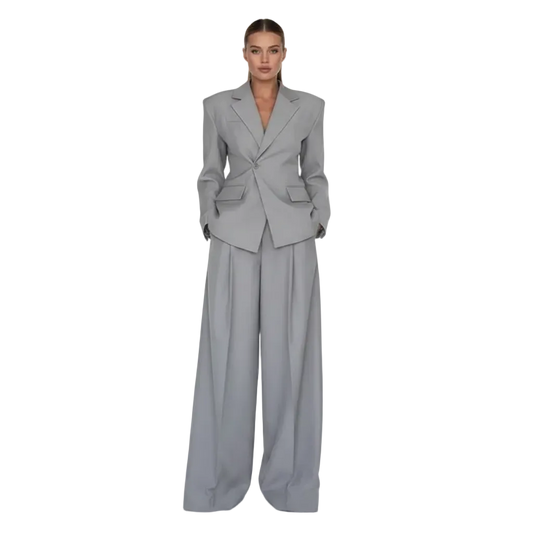 Women’s Tailored Blazer and Wide Leg Trouser Suit Set for Office Wear