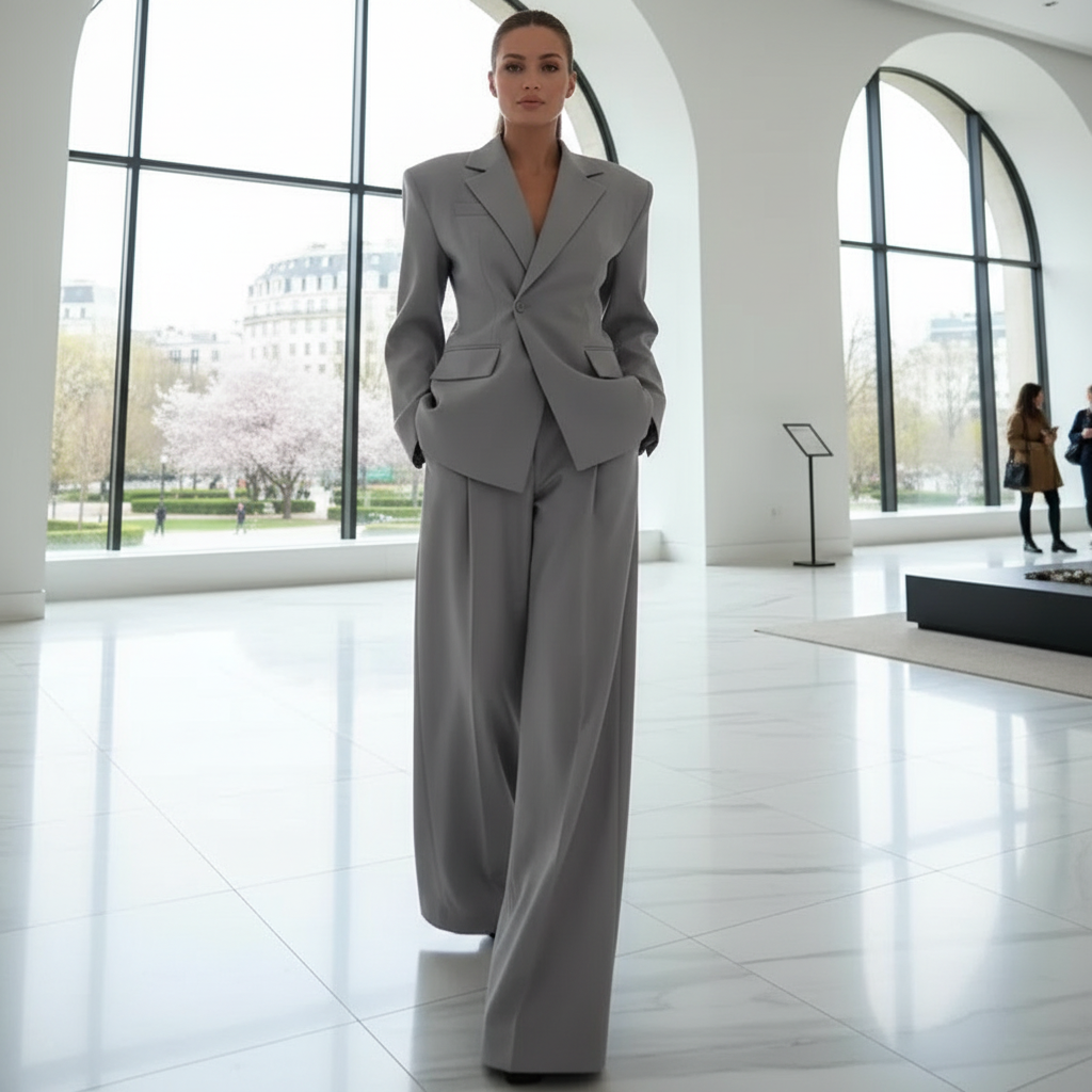 Women’s Tailored Blazer and Wide Leg Trouser Suit Set for Office Wear
