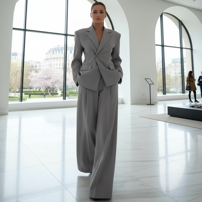 Women’s Tailored Blazer and Wide Leg Trouser Suit Set for Office Wear