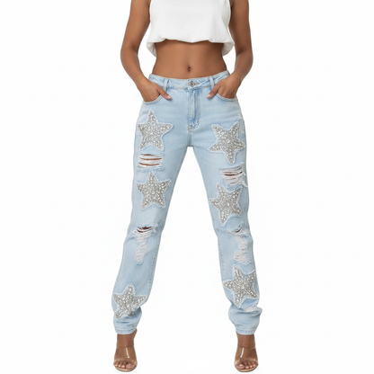 Women’s Distressed Denim Jeans with Rhinestone Star Patch Design