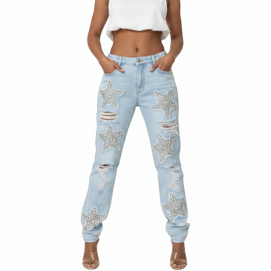 Women’s Distressed Denim Jeans with Rhinestone Star Patch Design