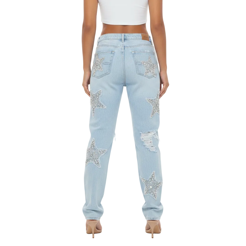 Women’s Distressed Denim Jeans with Rhinestone Star Patch Design