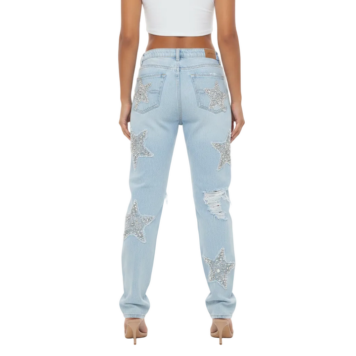 Women’s Distressed Denim Jeans with Rhinestone Star Patch Design