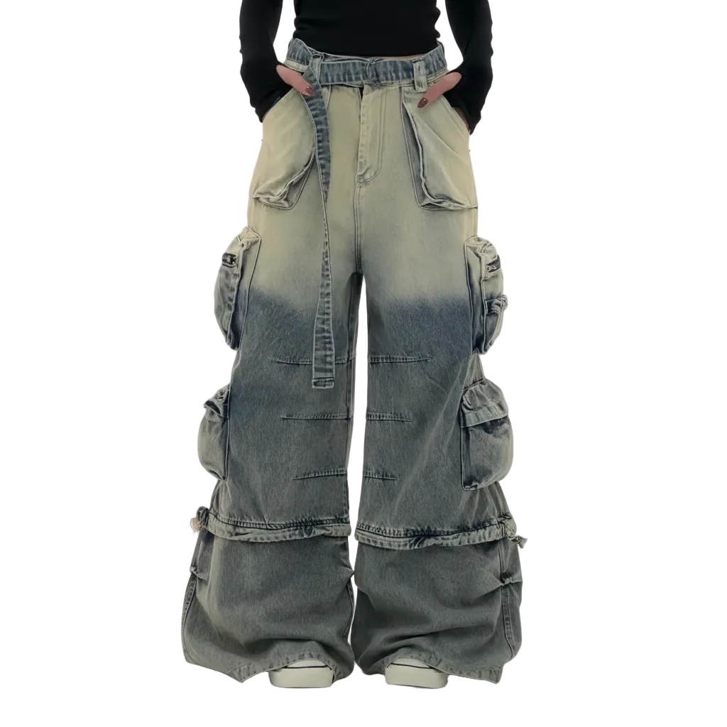 Women’s Oversized Cargo Denim Jeans with Multi Pocket Wide Leg Design