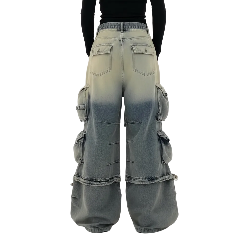 Women’s Oversized Cargo Denim Jeans with Multi Pocket Wide Leg Design