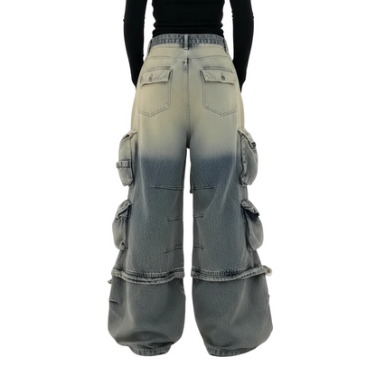 Women’s Oversized Cargo Denim Jeans with Multi Pocket Wide Leg Design