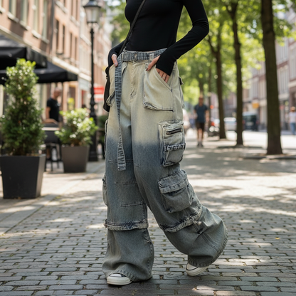 Women’s Oversized Cargo Denim Jeans with Multi Pocket Wide Leg Design