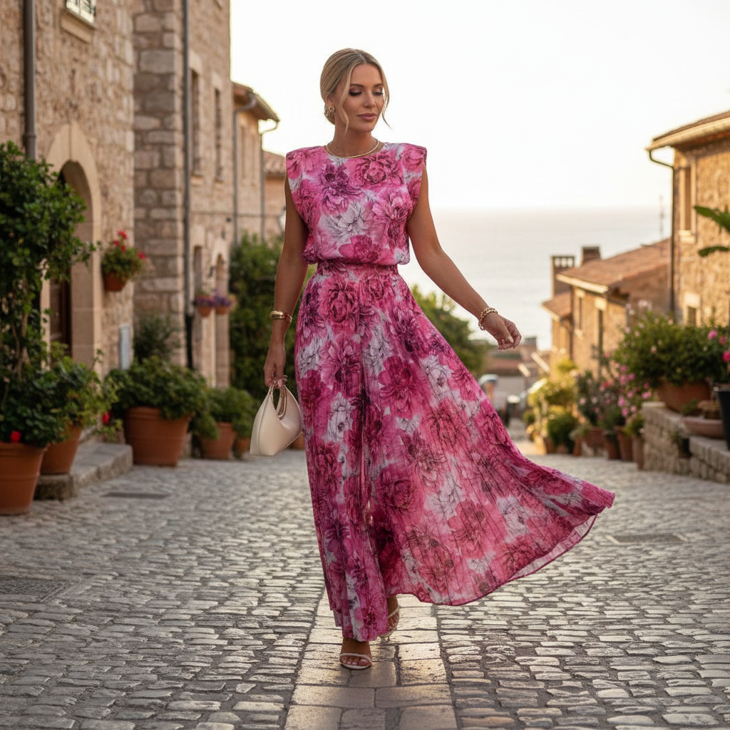 Women’s Sleeveless Pleated Wide Leg Pants Set