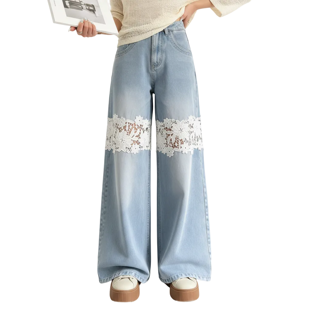 Women’s Wide Leg Lace Patch Denim Jeans for Casual Streetwear