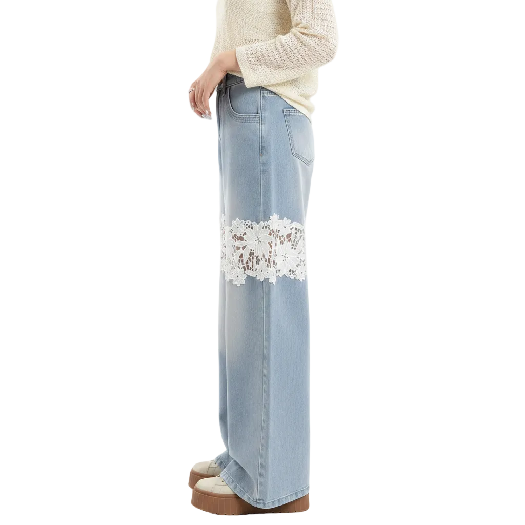 Women’s Wide Leg Lace Patch Denim Jeans for Casual Streetwear