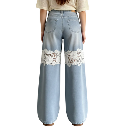 Women’s Wide Leg Lace Patch Denim Jeans for Casual Streetwear