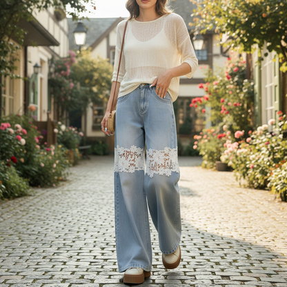Women’s Wide Leg Lace Patch Denim Jeans for Casual Streetwear