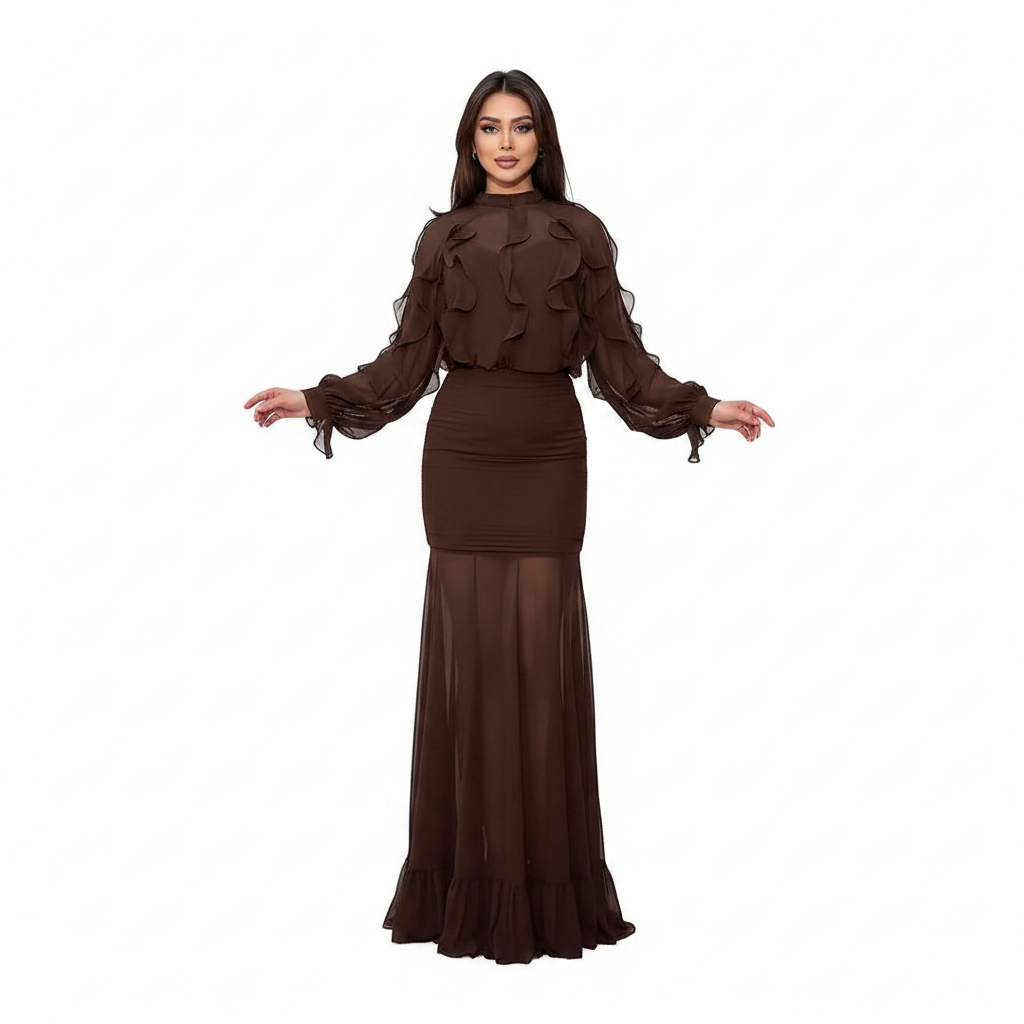 Women’s Ruffle Sheer Top and Maxi Skirt Set for Elegant Evening Wear