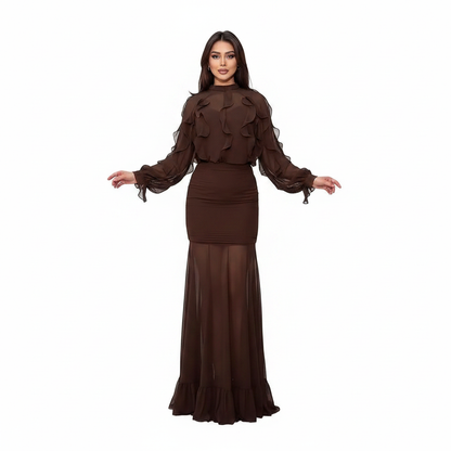 Women’s Ruffle Sheer Top and Maxi Skirt Set for Elegant Evening Wear