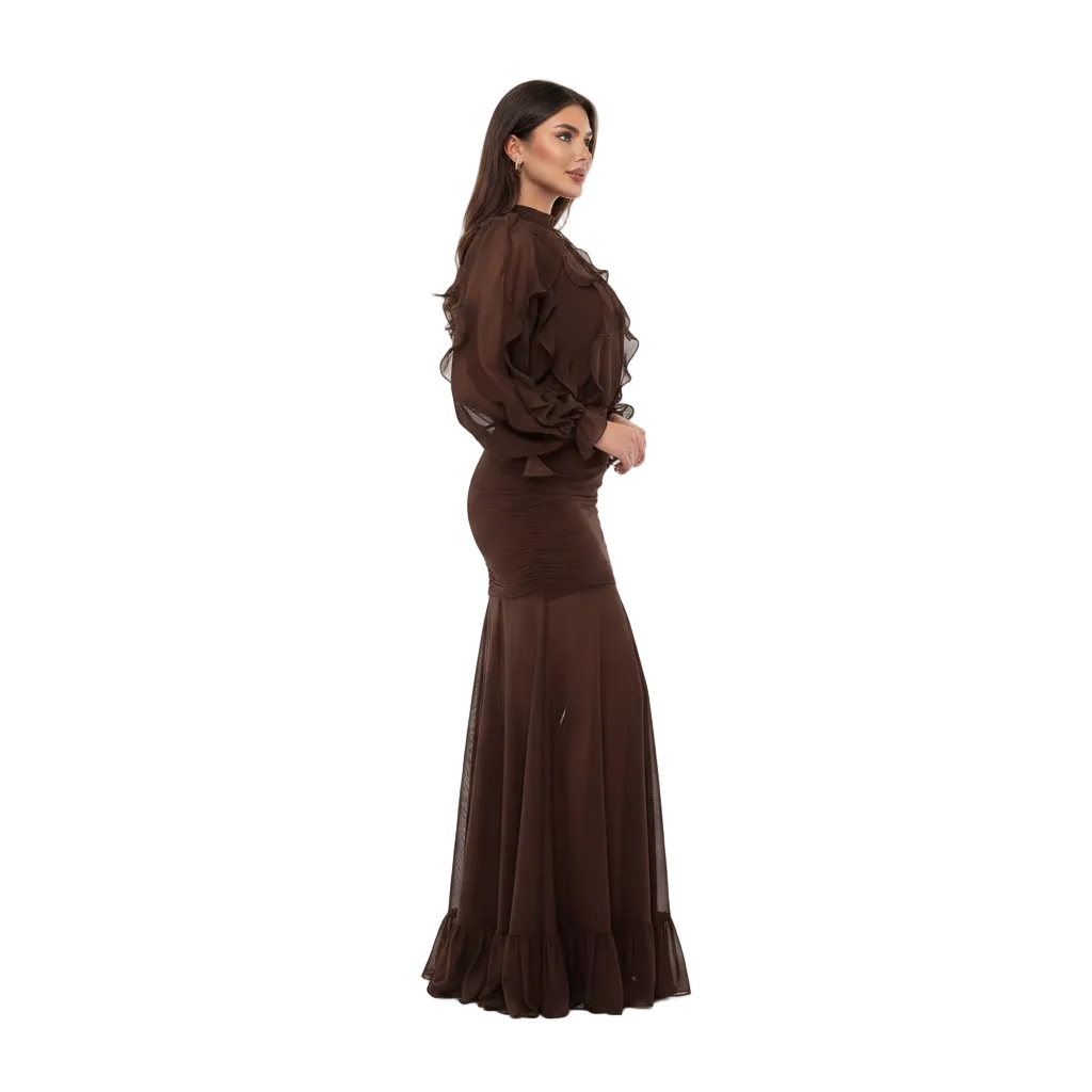 Women’s Ruffle Sheer Top and Maxi Skirt Set for Elegant Evening Wear