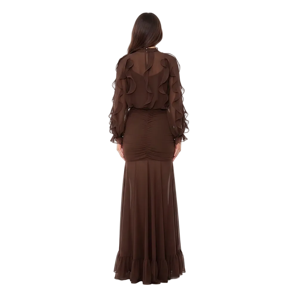 Women’s Ruffle Sheer Top and Maxi Skirt Set for Elegant Evening Wear