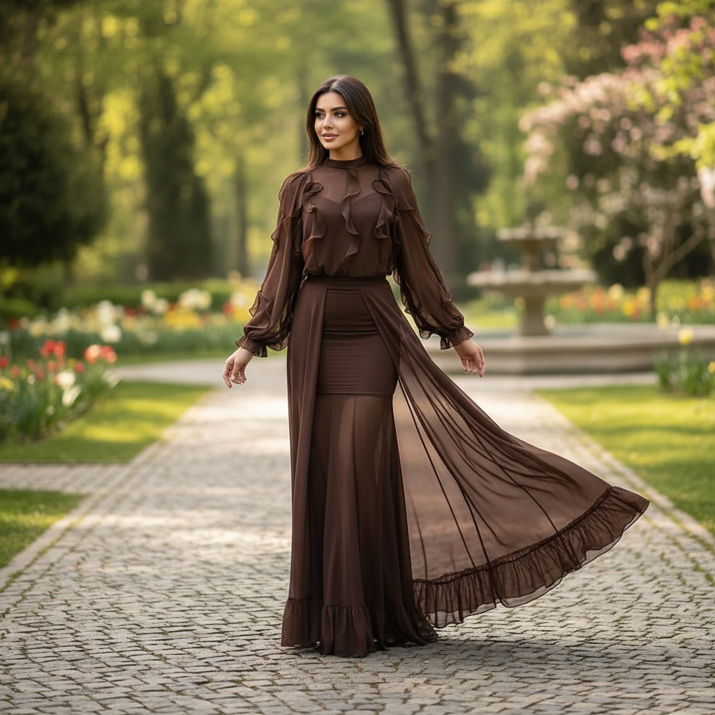 Women’s Ruffle Sheer Top and Maxi Skirt Set for Elegant Evening Wear