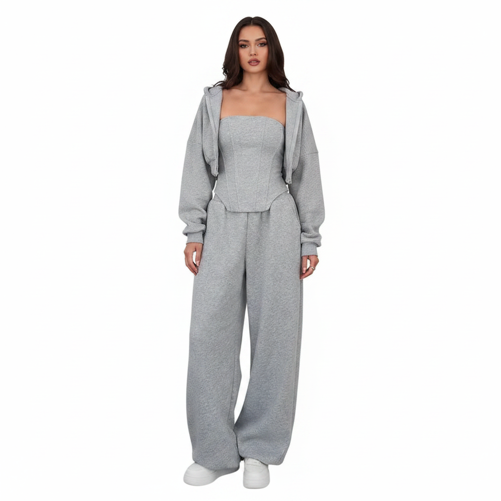 Women’s Three Piece Lounge Set with Zip Hoodie Corset Top