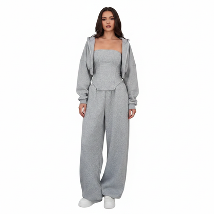Women’s Three Piece Lounge Set with Zip Hoodie Corset Top