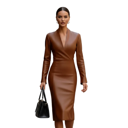 Women’s Faux Leather Bodycon Midi Dress with Long Sleeves
