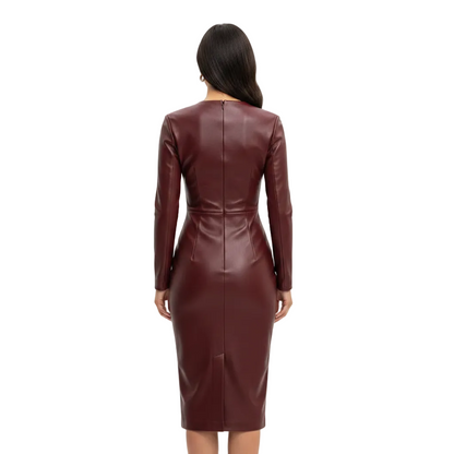 Women’s Faux Leather Bodycon Midi Dress with Long Sleeves