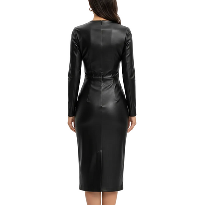 Women’s Faux Leather Bodycon Midi Dress with Long Sleeves