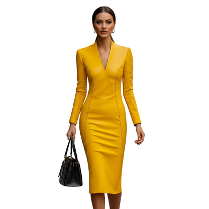 Women’s Faux Leather Bodycon Midi Dress with Long Sleeves