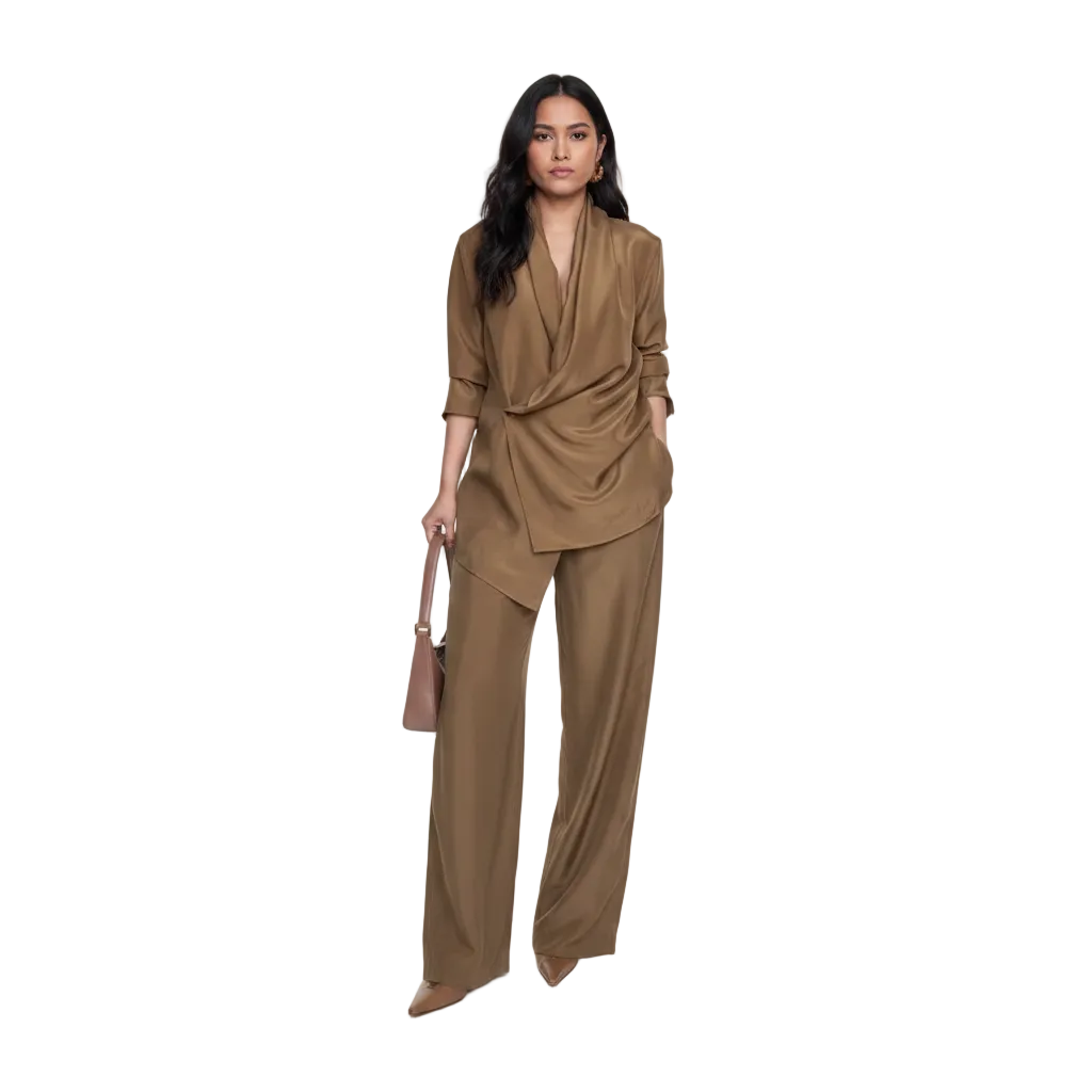 Women’s Draped Blouse and Wide Leg Pants Set for Elegant Office