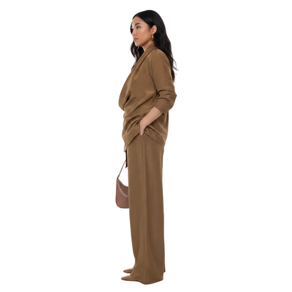 Women’s Draped Blouse and Wide Leg Pants Set for Elegant Office