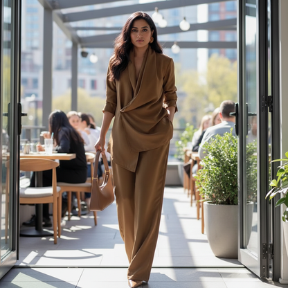 Women’s Draped Blouse and Wide Leg Pants Set for Elegant Office