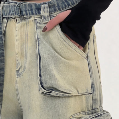 Women’s Oversized Cargo Denim Jeans with Multi Pocket Wide Leg Design