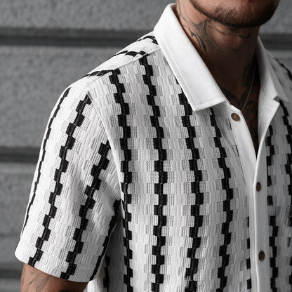 Men's Geometric Stripe Button Down Shirt with Textured Knit Design