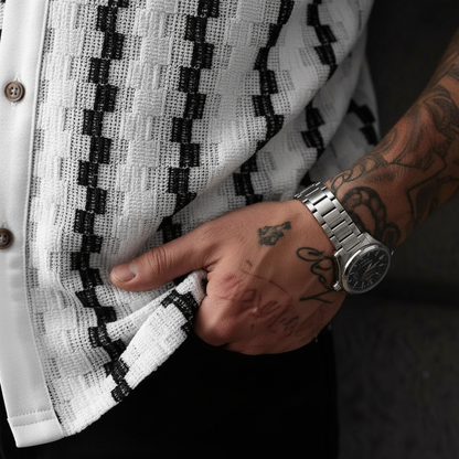 Men's Geometric Stripe Button Down Shirt with Textured Knit Design