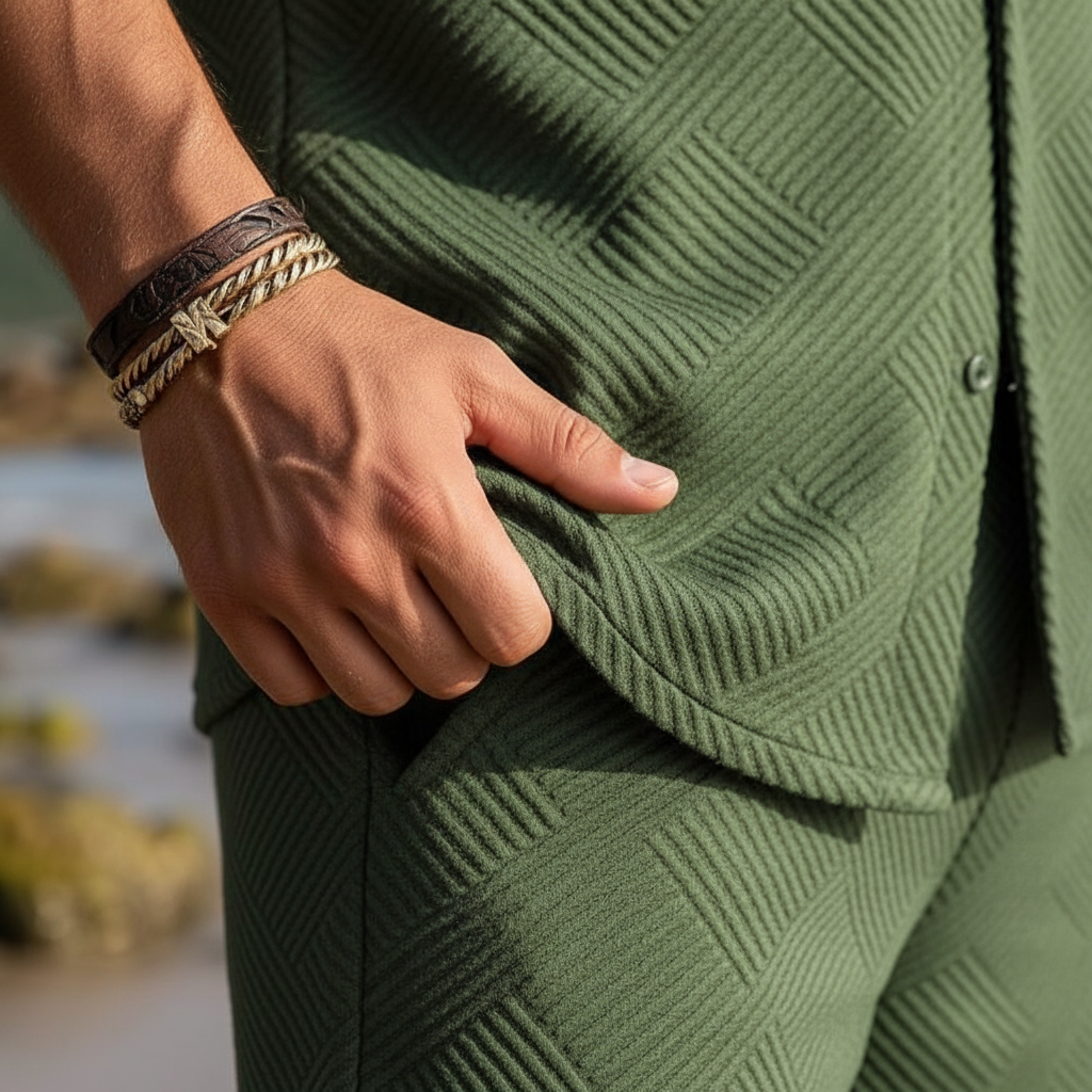 Men's Summer Two Piece Set with Textured Short Sleeve Shirt