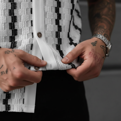 Men's Geometric Stripe Button Down Shirt with Textured Knit Design