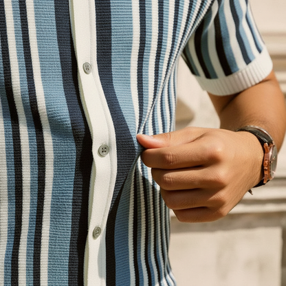 Men's Vertical Striped Short Sleeve Polo Shirt
