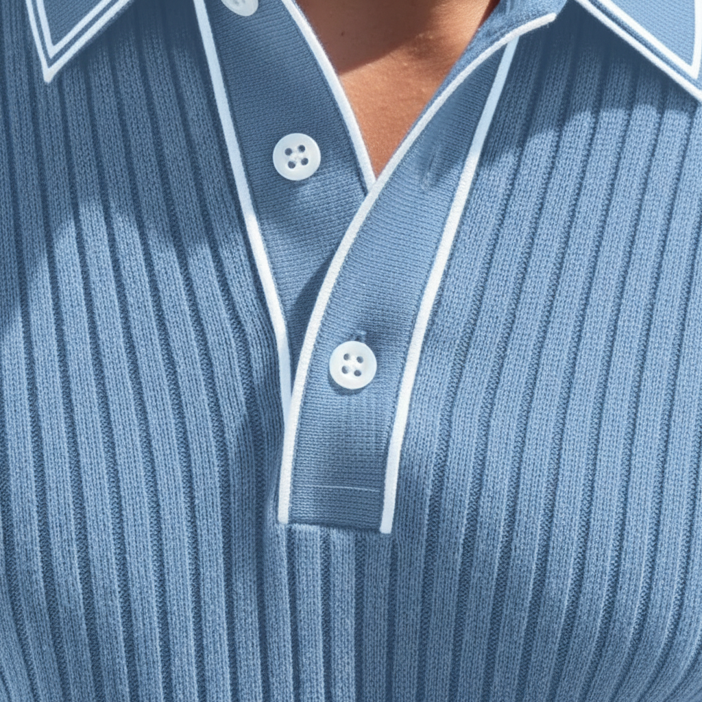 Men's Ribbed Polo Shirt with Short Sleeves for Summer Wear