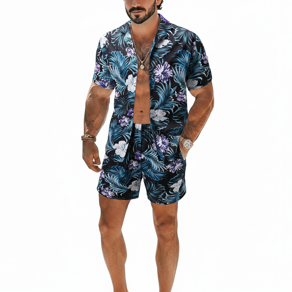 Men's Baroque Print Short Sleeve Button Down Shirt with Drawstring Shorts Set
