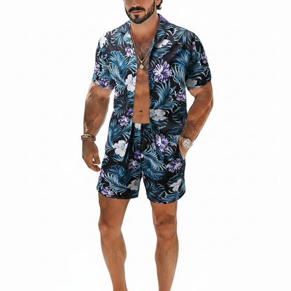 Men's Baroque Print Short Sleeve Button Down Shirt with Drawstring Shorts Set
