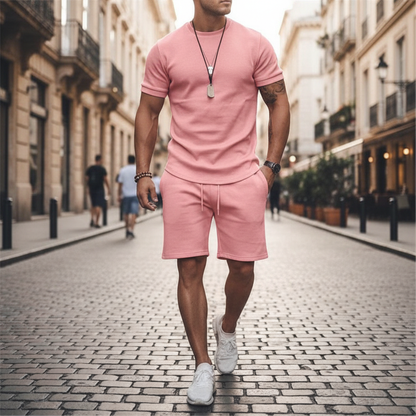 Men's Textured Short Sleeve T-Shirt with Drawstring Shorts Set