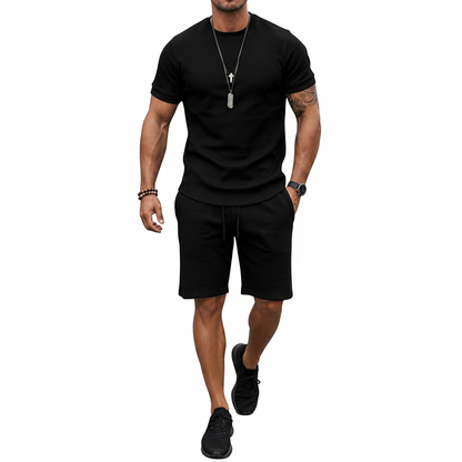 Men's Textured Short Sleeve T-Shirt with Drawstring Shorts Set