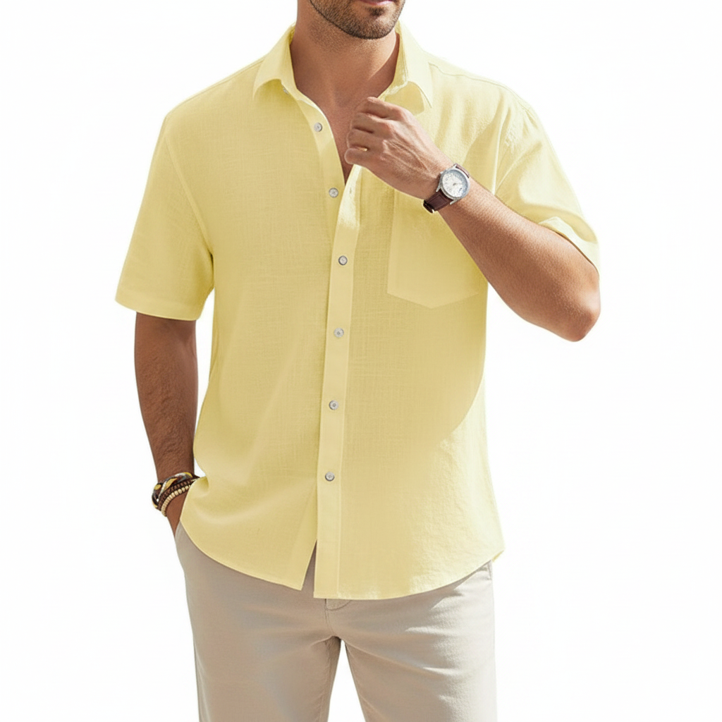Men's Linen Short Sleeve Button Down Shirt with Chest Pocket