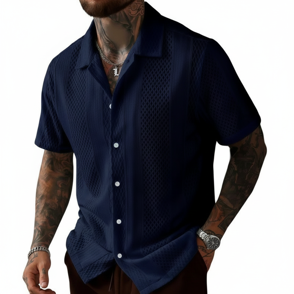 Men's Textured Button Down Shirt with Short Sleeves